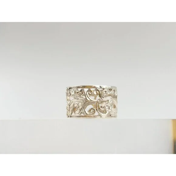 Ornate Cutout Floral Straight Chunky 925 Sterling Silver Vintage Ring - sz 6 - Picture 2 of 11